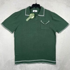 New Oxknit Polo Shirt Mens 2XL Green Knitted Johnny Collar 60s 70s Retro Style